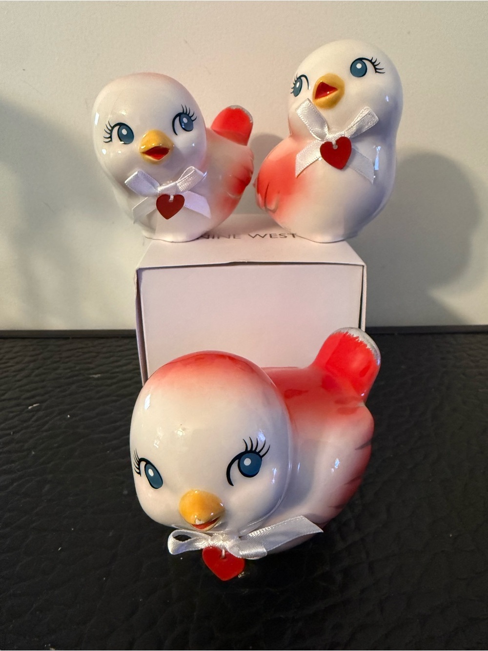 Cute Ceramic Bird Figurines with Red Heart Bows adorable blue eyes